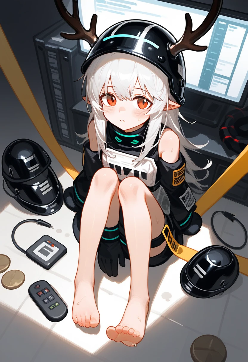 punctuation_9,punctuation_8_High above,punctuation_7_High above,1 girl,muddy stone (arknights),grimy,feet,mitts,helmet,antlers,flooras,Eyes red,Bare feet,pointy ears,breastsout,standing alone,long hair,White hair,black mitts,Toes,helmet de segurança,foco nos feet,gazing at viewer,sitting down,sweat,parted lips,grimy feet,containment,plein-air,sky,bangss,oripathy lesion (arknights),giorno,ssmile,blush,demon antlers,infection monitor (arknights),foreshortening,floor,
