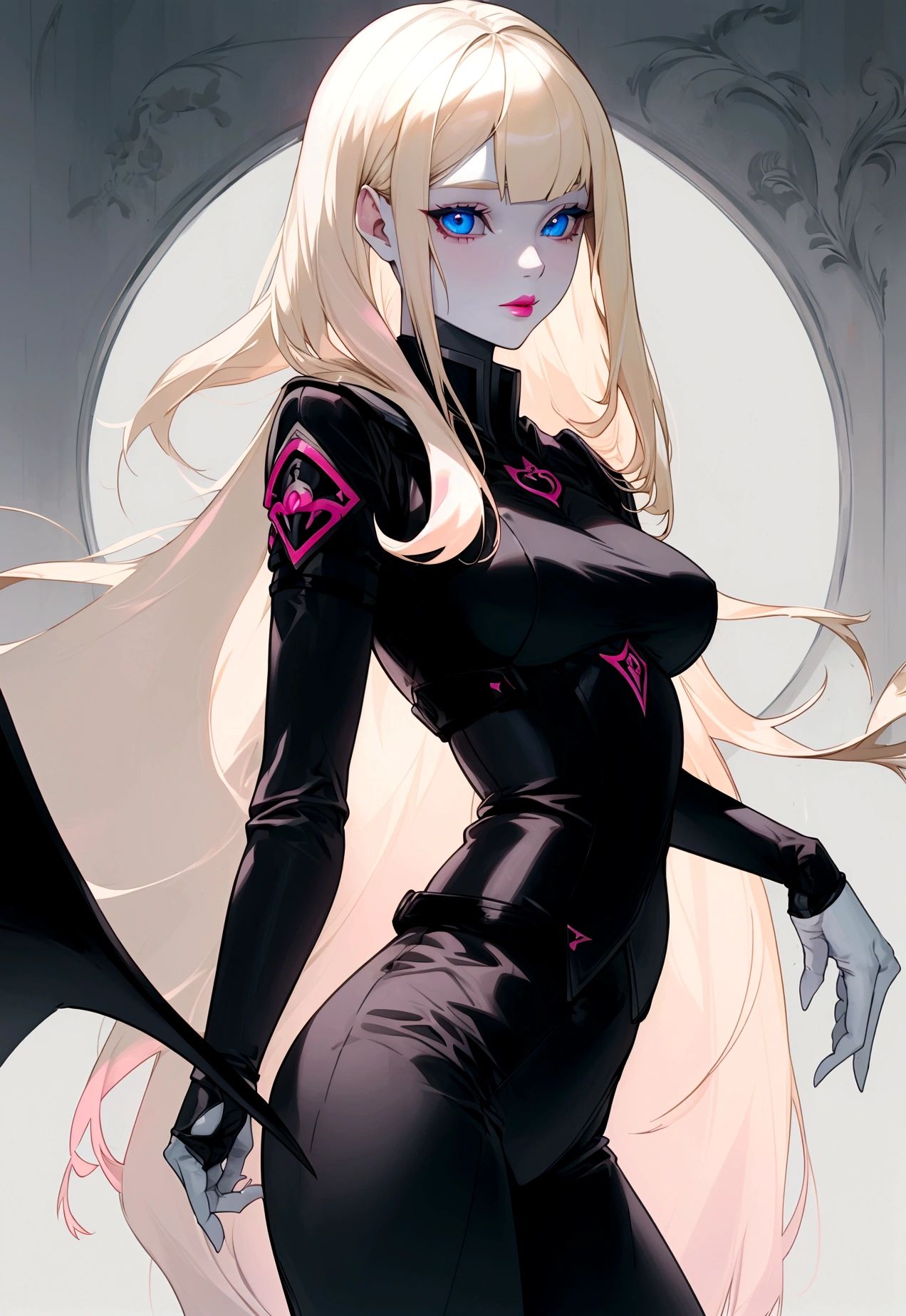 a tall woman, waist-length blonde hair, with straight bangs, blue eyes, pastel pink lips, pale skin, black demon hunter uniform