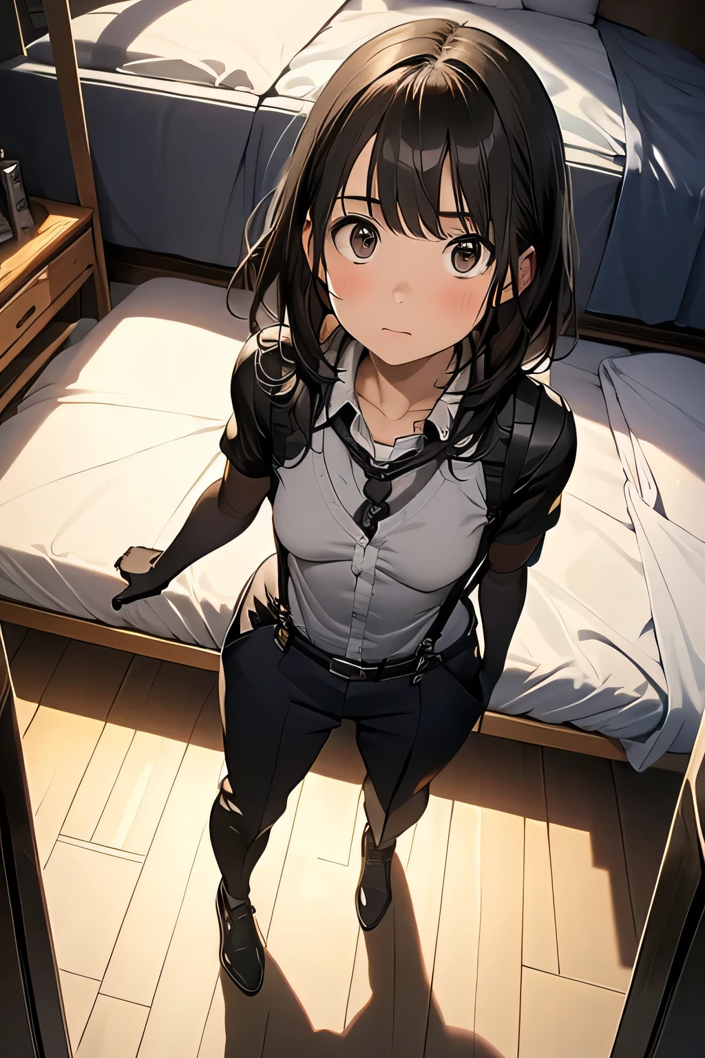 high quality, masterpiece, Ultra-high resolution, (realism: 1.4), Oil painting style, Cinema Lighting, I stood on the empty asphalt road and looked at it., , And the suspenders with the cranes flying Moderate breasts Small face holster Lying in bed Looking up Sweat belt summer 脇Sweat Black Hole Gloves suit shirt Black jacket Black trousers Leg Links ズボンにbelt holster Hands behind your back Anxious expression Looking up Anxious face, no resistance Hands behind your back