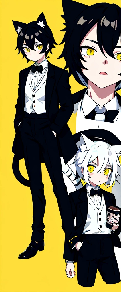 Anime boy with cat ears, Cat's tail, pale skin, black hair, eyes of different colors, the right one yellow with a star in the middle and the left one green, dress clothes, White shirt, white tie, black pantaloon, coffee trench coat cozy background