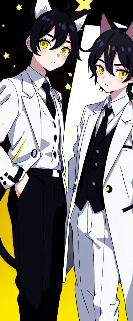 Anime boy with cat ears, Cat&#39;s tail, pale skin, black hair, eyes of different colors, the right one yellow with a star in the middle and the left one green, dress clothes, White shirt, white tie, black pantaloon, coffee trench coat cozy background 