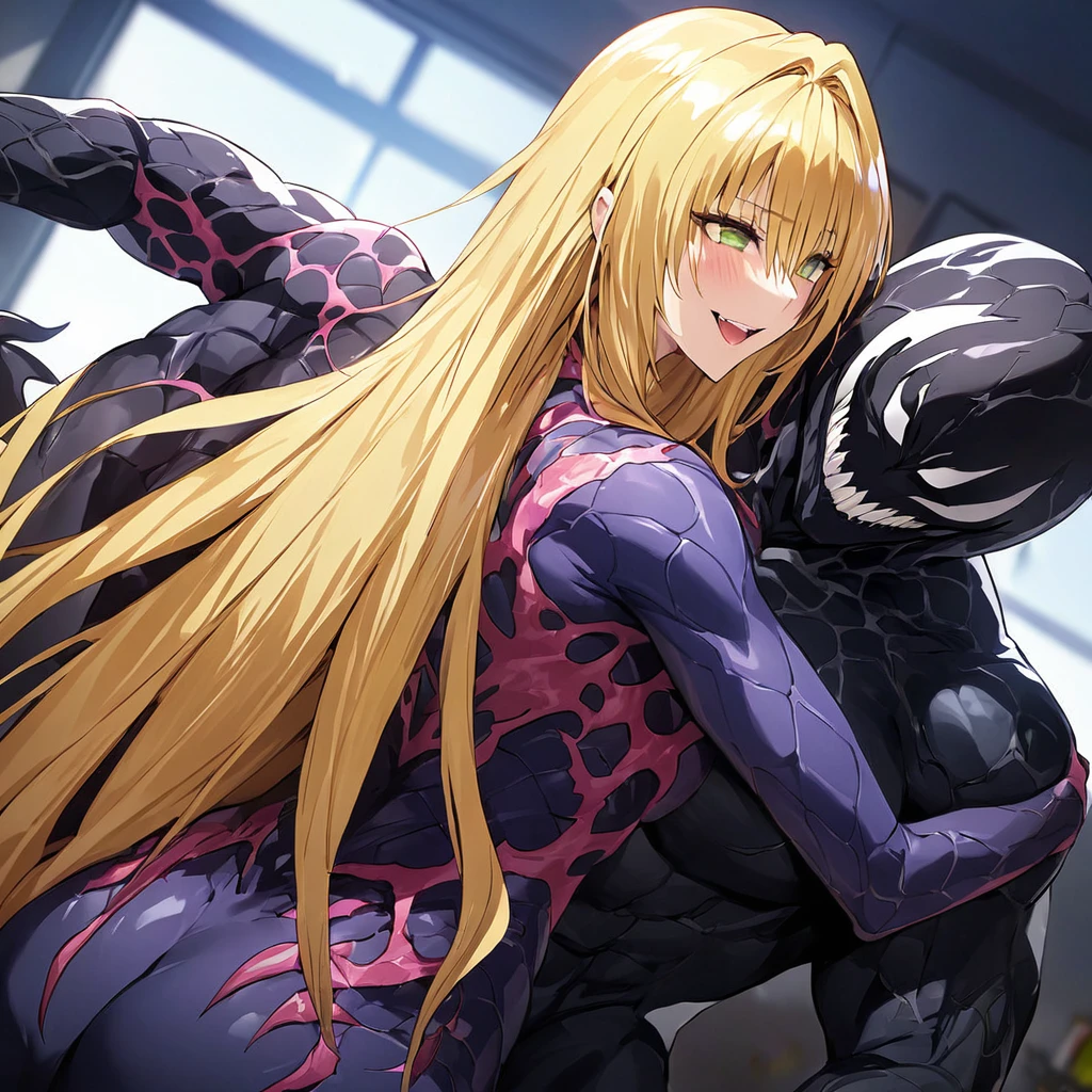 ((Highest quality)), ((masterpiece)), (detailed), (Perfect Face)、The female Venom is Tiare, a green-eyed, blonde, medium-long-haired female Venom, whose body has been completely transformed into Venom and who is wearing a Venom suit.、The woman is happily cuddling with the Venom man.、Venom man holding a woman、A woman and a man are a Venom couple