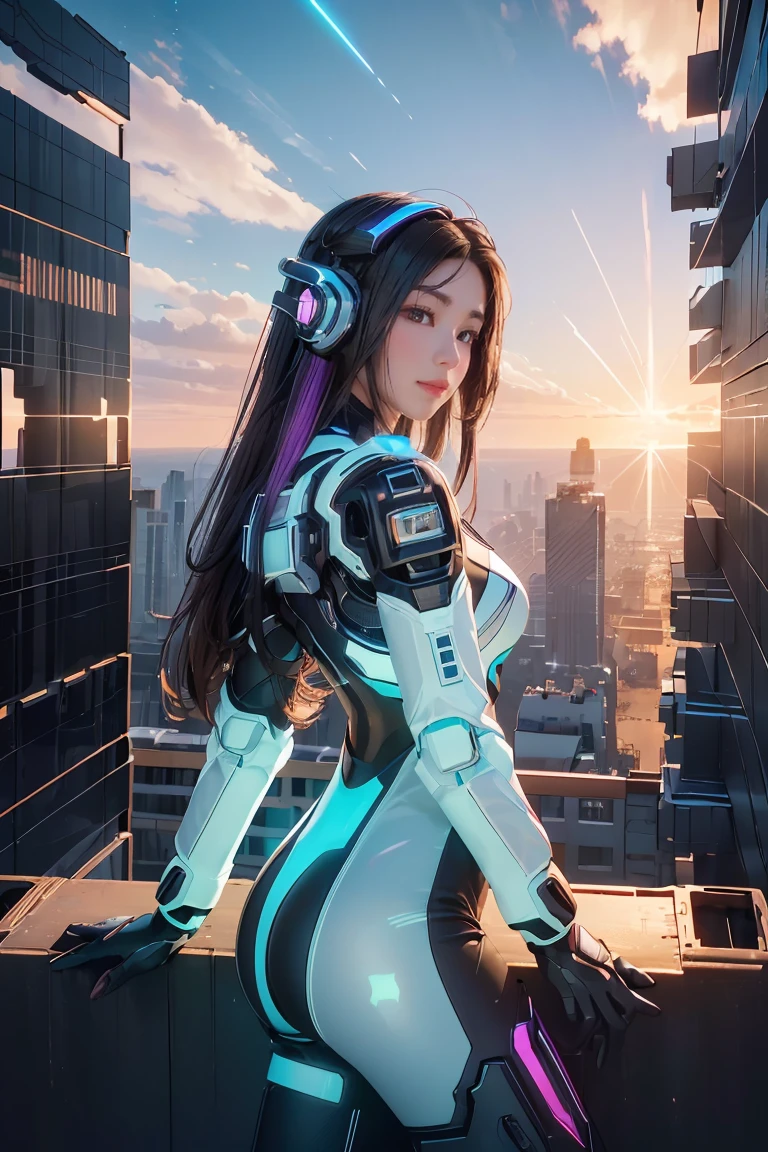 ((masterpiece, best quality, extremely detailed), volumetric lighting, ambient occlusion, colorful, glowing), 
1girl, solo, young girl, (dark hair), long hair, halo, aura, sacred, godness, cyber suit, (random-colored outfit:1.3), android, bot, cybernetic wings,
outdoors, sunset, sky, clouds, space, (cyberpunk theme:1.2),