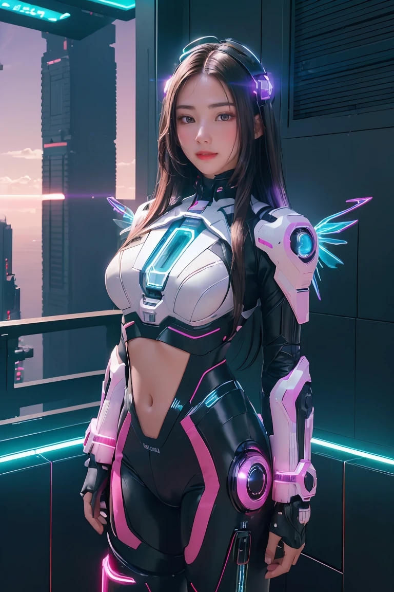 ((masterpiece, best quality, extremely detailed), volumetric lighting, ambient occlusion, colorful, glowing), 
1girl, solo, young girl, (dark hair), long hair, halo, aura, sacred, godness, cyber suit, (random-colored outfit:1.3), android, bot, cybernetic wings,
outdoors, sunset, sky, clouds, space, (cyberpunk theme:1.2),