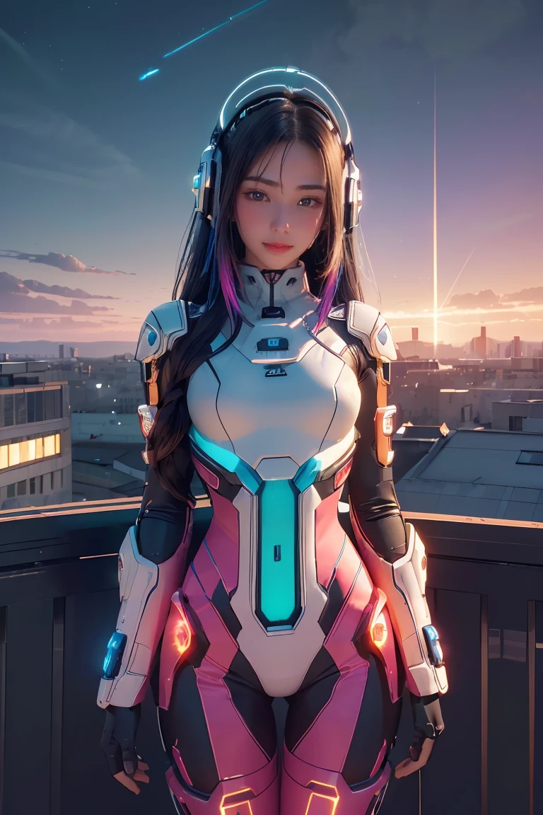 ((masterpiece, best quality, extremely detailed), volumetric lighting, ambient occlusion, colorful, glowing), 
1girl, solo, young girl, (dark hair), long hair, halo, aura, sacred, godness, cyber suit, (random-colored outfit:1.3), android, bot, cybernetic wings,
outdoors, sunset, sky, clouds, space, (cyberpunk theme:1.2),