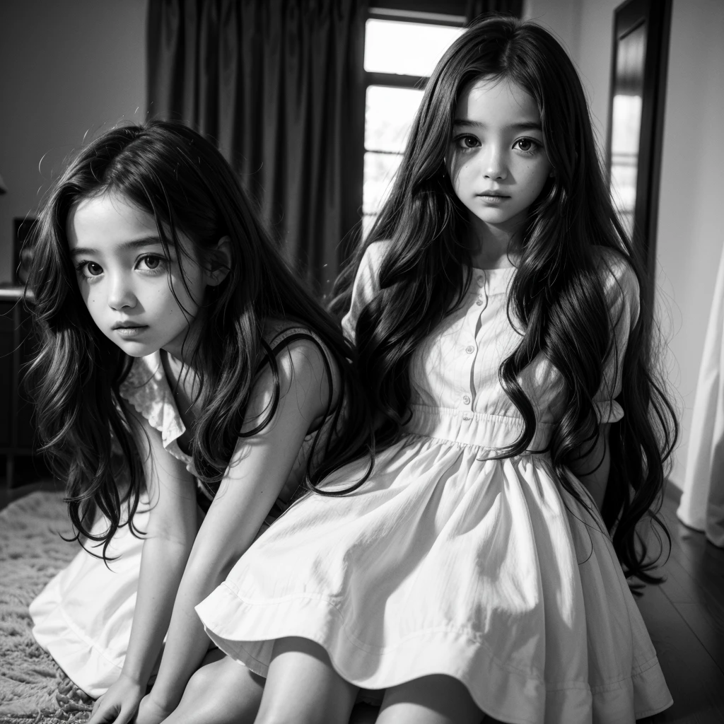 Thirteen-year-old brown girl, long curly hair, in a dress, looking at the camera.