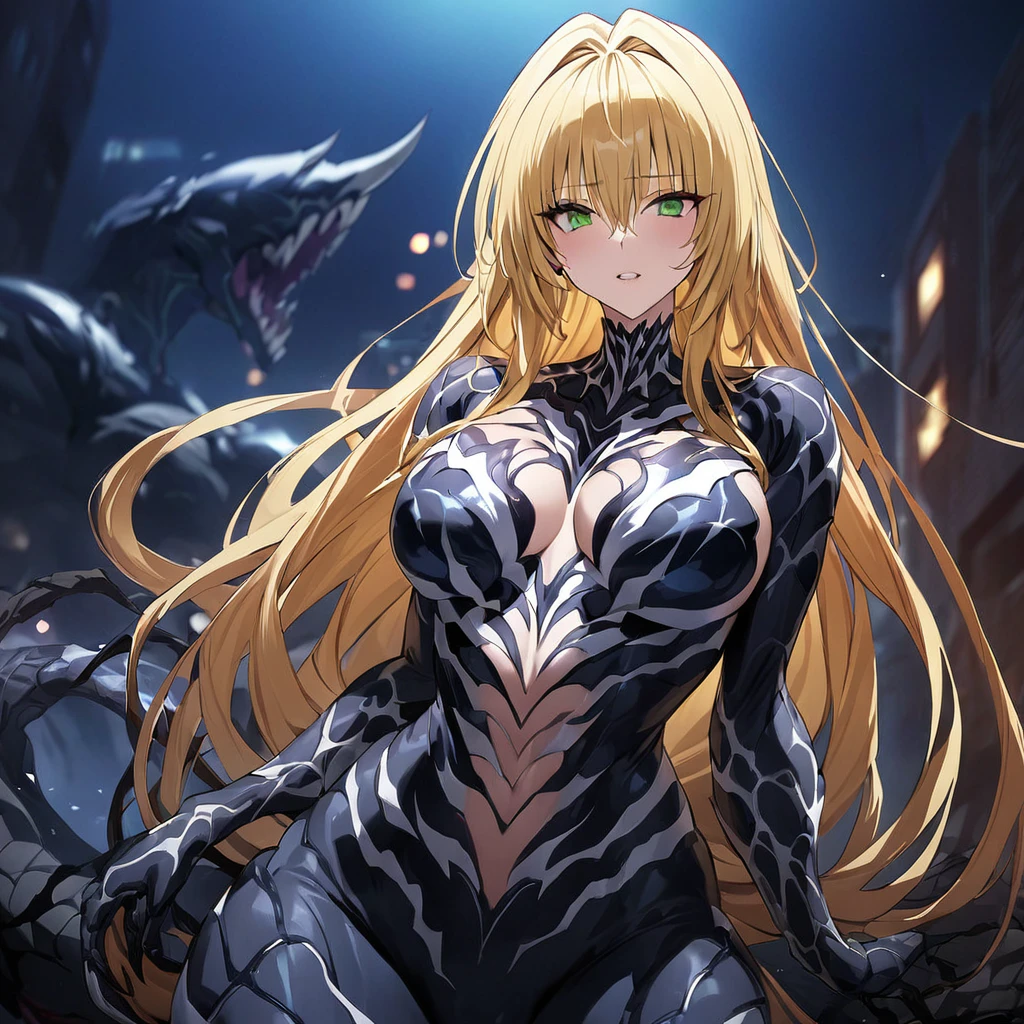 ((Highest quality)), ((masterpiece)), (detailed), （Perfect Face）、The female Venom is Tiare, a green-eyed, blonde, medium-long-haired female Venom, whose body has been completely transformed into Venom and who is wearing a Venom suit.