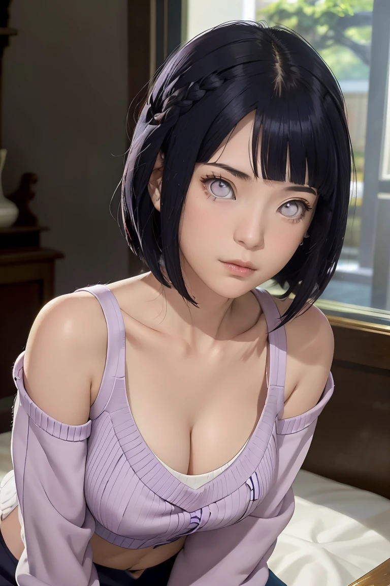 tmasterpiece， best qualityer， ultra - detailed， illustration，1girll，
short hair，dark-blue hair，french braid，Purple eye，bluntbangs，cleavage，Large breasts
sweater
mideum breasts， 
looking at viewert，hyouka/（Boruto/），Detailed lips