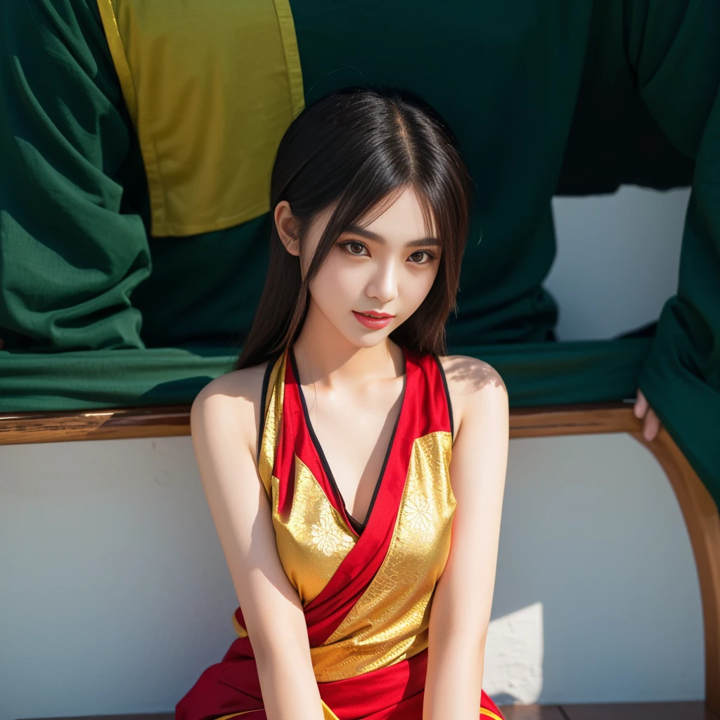 Close-up of a woman wearing a dark green t-shirt., Thai girl anime, traditional outfit, According to Thawan Duchanee's style, Wear a luxurious silk dress, Thai art, traditional clothing beautiful asian girl,stereoscopic 8k,45 high quality colored lights,000,000,000 pixels, photo, post-trade photo, animation, beautiful portrait,