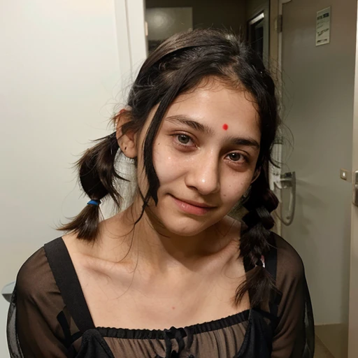  girl with medium length black hair, children's ils hair, Indian facial structure, shy expression, she wearing a sheer tight nurse suit, visible nipples, marked , she in a hospi