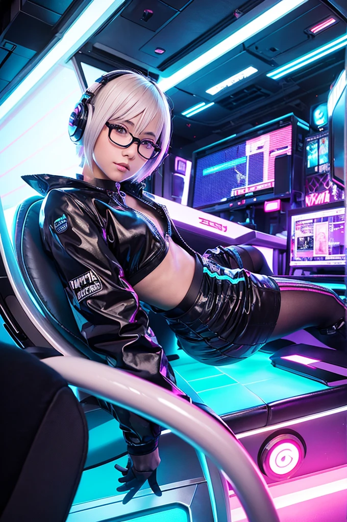 A beautiful Japanese girl with short, platinum blonde hair is depicted in a vertical anime-style illustration. She wears large, round glasses and black headphones, adding a modern and edgy look. Her outfit includes a translucent, thin-fabric dress underneath a glossy, multicolored jacket. She is reclining in a vibrant, neon-lit environment filled with colorful, glowing orbs. Her boots are shiny and detailed, matching the futuristic vibe of the scene.
The background features an array of electronic equipment and screens, emphasizing a high-tech, cyberpunk atmosphere. The lighting is dynamic, with neon reflections casting multicolored highlights on her outfit and surroundings. The artist employs digital painting techniques to achieve high detail and a sense of depth, particularly in the glowing effects and reflections. The use of bright, saturated colors and intricate designs creates a visually striking and energetic image.