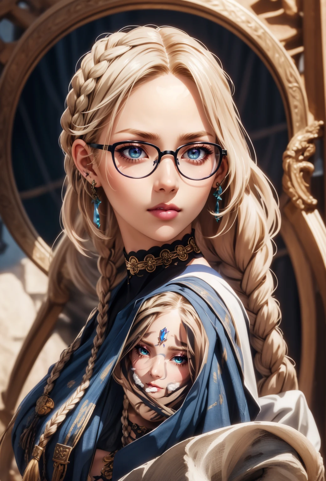 Powerful Concept Character Sheet, Charm, And hot schoolgirls, (School style), wear . her face is oval, The forehead is smooth、The temples are noticeably rounded.. Jaw line is soft and defined, Gives a gentle and feminine impression, whole body, Full of details, Front view, Back view, Very detailed, depth, Many parts, ((masterpiece, Highest quality)), 8K, Detailed face, scar, Serious expression. Drawing infographics. Multiple sexy poses. Tattoo,3d, (Braids Blonde), (Bright Blue Eyes), choker, Glasses