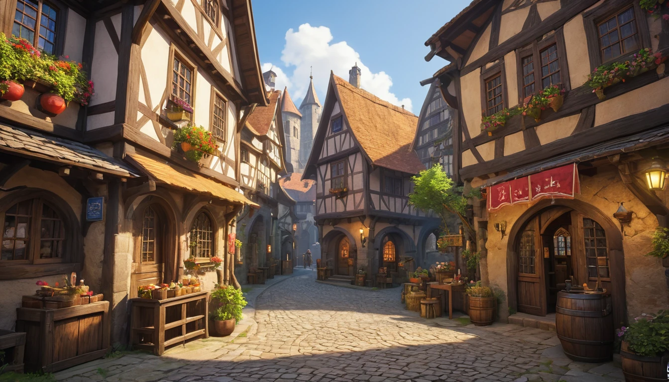 (anime, fantasy, medieval town), (detailed CG unity 8k wallpaper, masterpiece, best quality, ultra-detailed, HDR:1.2), vibrant colors, intricate, high FXAA, a humble medieval town, intersection alley, fantasy medieval, unique houses, lively crowd, natural interaction, dramatic lighting, dramatic camera angle, moody atmosphere