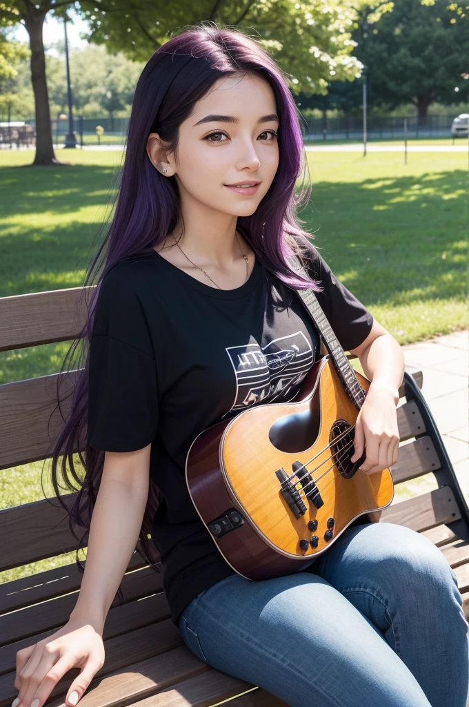 scenario: An urban park on a sunny day, with trees and green lawn in the background.Luisa: Sitting on a park bench with her bass on her lap. She is wearing a simple black t-shirt, comfortable jeans, and tennis. Your purple hair is loose and blowing in the wind. Luisa está sorrindo para a câmera, conveying a relaxed and friendly vibe.detaileds: next to her, there is an open backpack with sheet music and musical accessories visible. Sunlight softly illuminates the scene, creating a pleasant and relaxing environment.