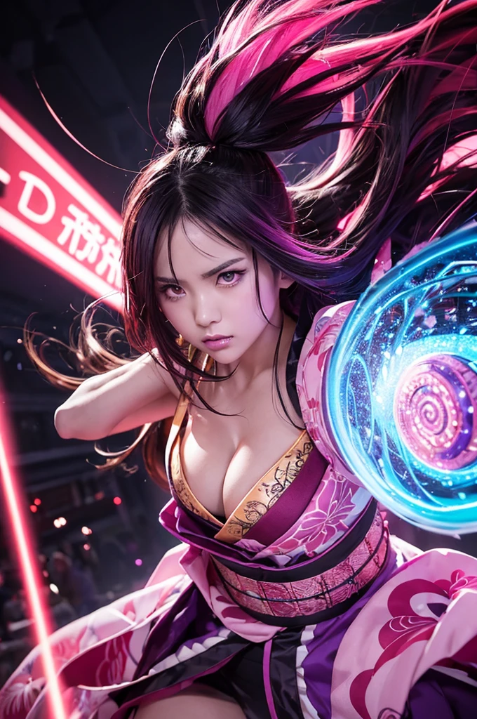 
A fierce Japanese girl is depicted in a vertical, anime-style illustration. She has long, flowing dark hair highlighted with vibrant pink streaks, and her eyes glow an intense, matching pink. She is wearing a traditional kimono with intricate patterns, and her expression is determined and powerful. Her fist is extended forward, emanating bright, pink energy that swirls around her, creating a dynamic and intense atmosphere.

The background is a chaotic swirl of dark purples and pinks, enhancing the sense of movement and energy. The artist employs digital painting techniques to achieve high detail, particularly in the glowing energy effects and the intricate designs of the kimono. The lighting is dramatic, with strong contrasts and glowing highlights that emphasize the character's fierce aura. The use of vivid colors and dynamic composition creates a visually striking and emotionally charged image.