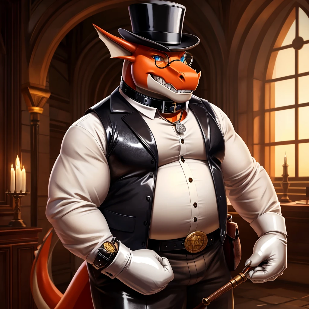 Solo, Male, fat, extremely obese, gentleman, dapper Professor Dragon, blue eyes, (posing:1.3), (soft shading), 4k, hi res, ((detailed face, detailed)), looking at viewer, evil grin, steampunk, collared shirt with buttons, top hat, male focus, Explorer Outfit, glasses, monocle, bag, vest with buttons, backpack, sleeves rolled up, round eyewear, brown headwear, brown vest, Dragon is wearing a glossy leather dog collar around the neck, Dragon is wearing the leather collar and shirt and vest at the same time, Dragon is wearing glossy white rubber gloves on the hands, wearing white rubber gloves on the feet, Dragon is wearing glossy white cuffs around the wrists with cufflinks, gloves are rubber in texture, clenching teeth, clenching fists, leather collar is glossy and shiny with a lot of detail, Dragon is wearing gloves and cuffs and cufflinks at the same time, leather collar has a round dog-tag, leather collar is thick and detailed.