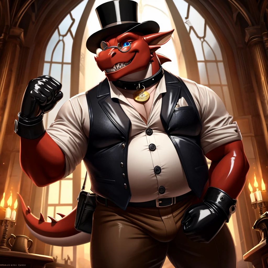 Solo, Male, fat, extremely obese, gentleman, dapper Professor Dragon, blue eyes, (posing:1.3), (soft shading), 4k, hi res, ((detailed face, detailed)), looking at viewer, evil grin, steampunk, collared shirt with buttons, top hat, male focus, Explorer Outfit, glasses, monocle, bag, vest with buttons, backpack, sleeves rolled up, round eyewear, brown headwear, brown vest, Dragon is wearing a glossy leather dog collar around the neck, Dragon is wearing the leather collar and shirt and vest at the same time, Dragon is wearing glossy white rubber gloves on the hands, wearing white rubber gloves on the feet, Dragon is wearing glossy white cuffs around the wrists with cufflinks, gloves are rubber in texture, clenching teeth, clenching fists, leather collar is glossy and shiny with a lot of detail, Dragon is wearing gloves and cuffs and cufflinks at the same time, leather collar has a round dog-tag, leather collar is thick and detailed.