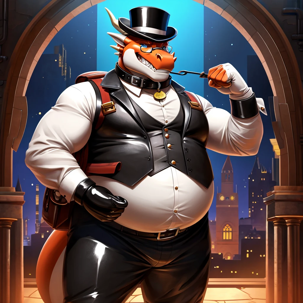 Solo, Male, fat, extremely obese, gentleman, dapper Professor Dragon, blue eyes, (posing:1.3), (soft shading), 4k, hi res, ((detailed face, detailed)), looking at viewer, evil grin, steampunk, collared shirt with buttons, top hat, male focus, Explorer Outfit, glasses, monocle, bag, vest with buttons, backpack, sleeves rolled up, round eyewear, brown headwear, brown vest, Dragon is wearing a glossy leather dog collar around the neck, Dragon is wearing the leather collar and shirt and vest at the same time, Dragon is wearing glossy white rubber gloves on the hands, wearing white rubber gloves on the feet, Dragon is wearing glossy white cuffs around the wrists with cufflinks, gloves are rubber in texture, clenching teeth, clenching fists, leather collar is glossy and shiny with a lot of detail, Dragon is wearing gloves and cuffs and cufflinks at the same time, leather collar has a round dog-tag, leather collar is thick and detailed.