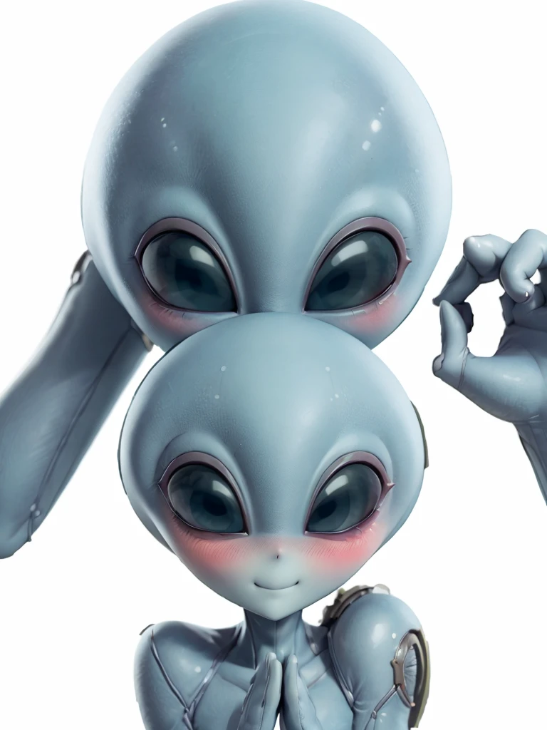 (((Masterpiece))), (high quality),(one alien girl:1.2), 15 years old,(innocent smile),5 heads,(Skinhead,Gray aliens,Large, dark, almond-shaped eyes,:1.2),(No hair, no whites, no ears:1.3),(Wearing a silver body-fitting suit:1.2),(Close-up of a blushing face,Place both hands on cheeks:1.5),Plain background,(from above:1.5)