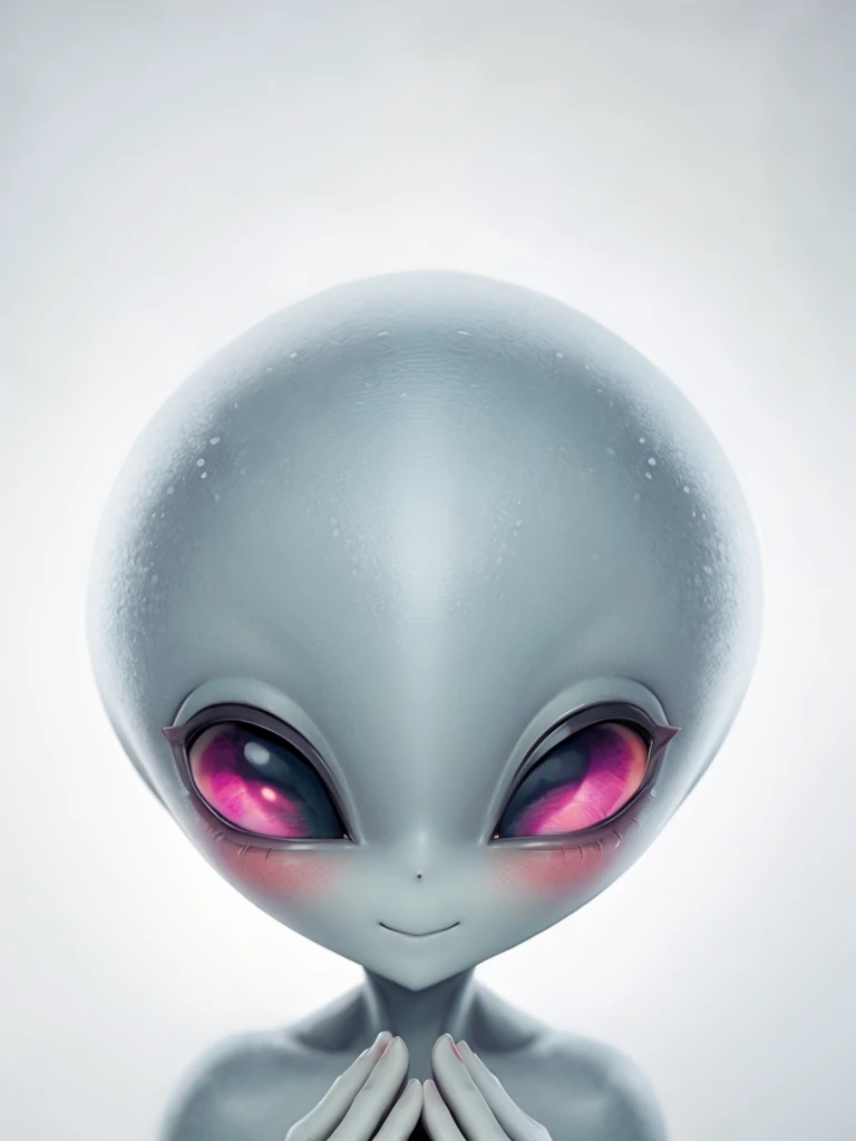 (((Masterpiece))), (high quality),(one alien girl:1.2), 15 years old,(innocent smile),5 heads,(Skinhead,Gray aliens,Large, dark, almond-shaped eyes,:1.2),(No hair, no whites, no ears:1.3),(Wearing a silver body-fitting suit:1.2),(Close-up of a blushing face,Place both hands on cheeks:1.5),Plain background,(from above:1.5)