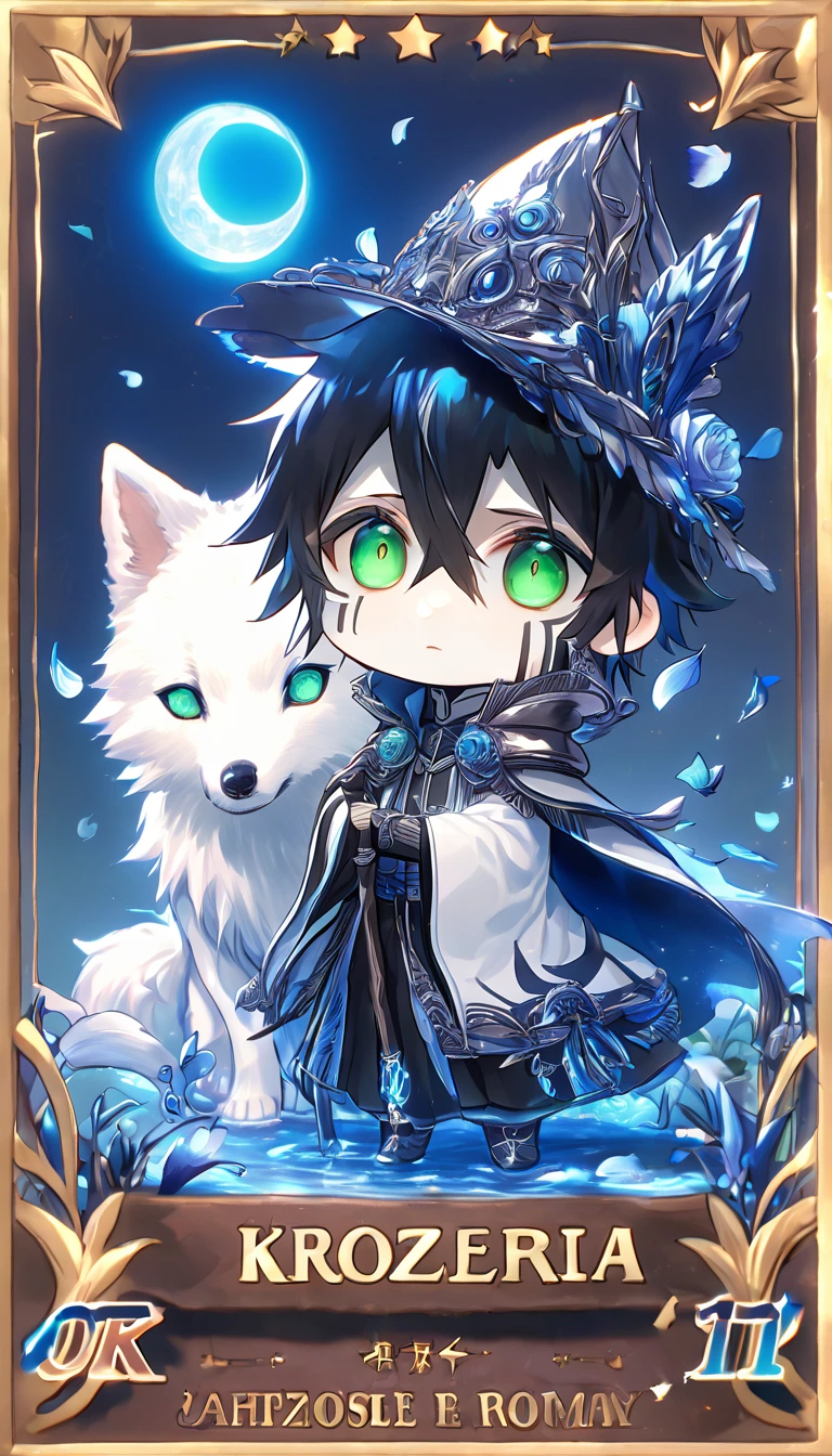 absurdres, highres, ultra detailed, HDR, master piece, Ulquiorra Cifer chibi, black hair, expressive green eyes, boy hugging a wolf, white wolf, pale skin, Bleach, magical hat, cute, best quality, blue moon, flowers, fantasy, magical, solo, water, blue shining fireflies, blue petals, cape, the word "Krozseria" is written on his shirt,