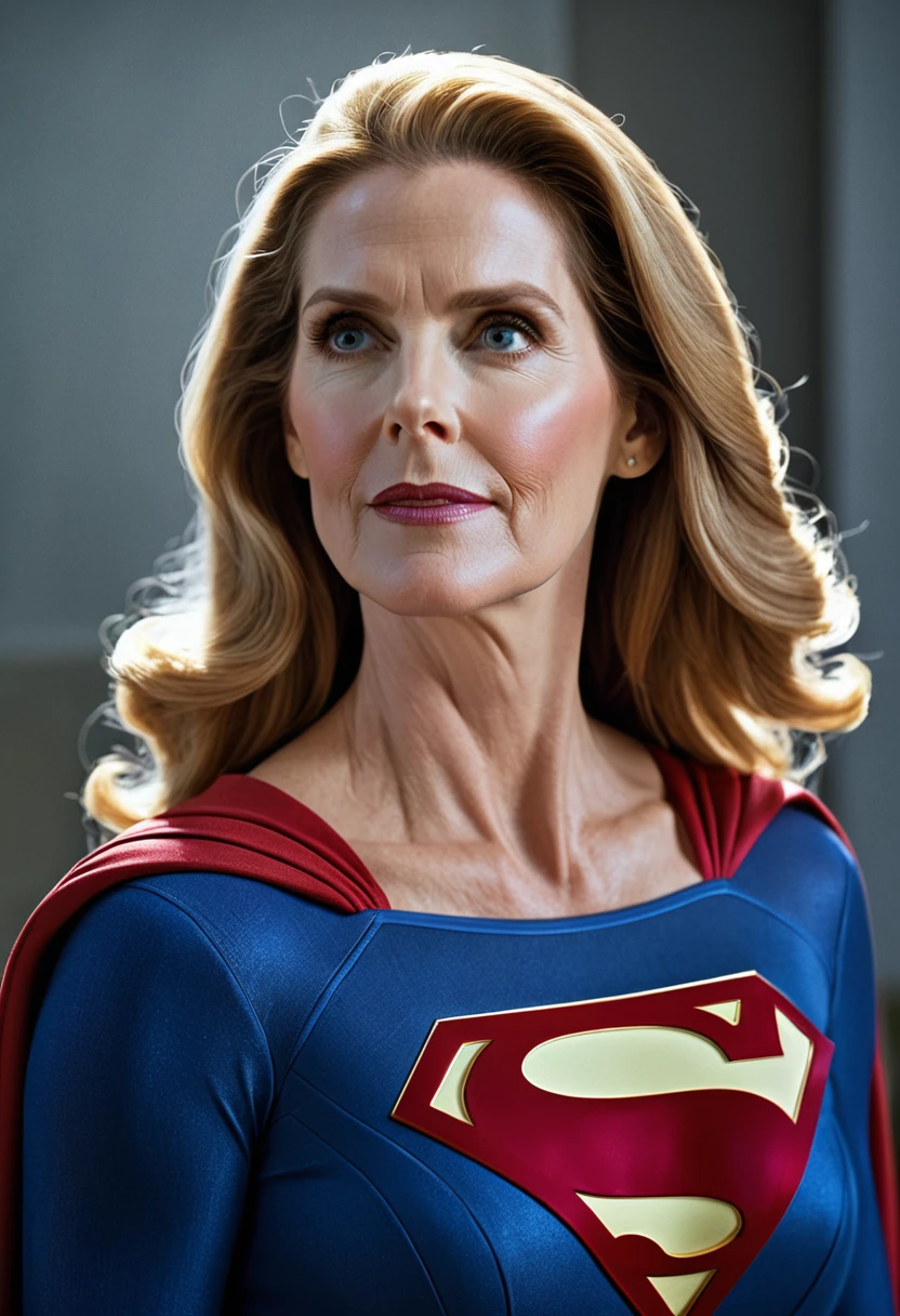 Julie Hagerty Supergirl; HD. Photograph, ((realism)), extremely high quality RAW photograph, ultra detailed photograph, sharp focus, high resolution, (detailed skin:1,3),high quality, film grain, Fujifilm XT3,Highly Detailed, movie, (Cinematic Photo:1.3) of (Realistic:1.3)
