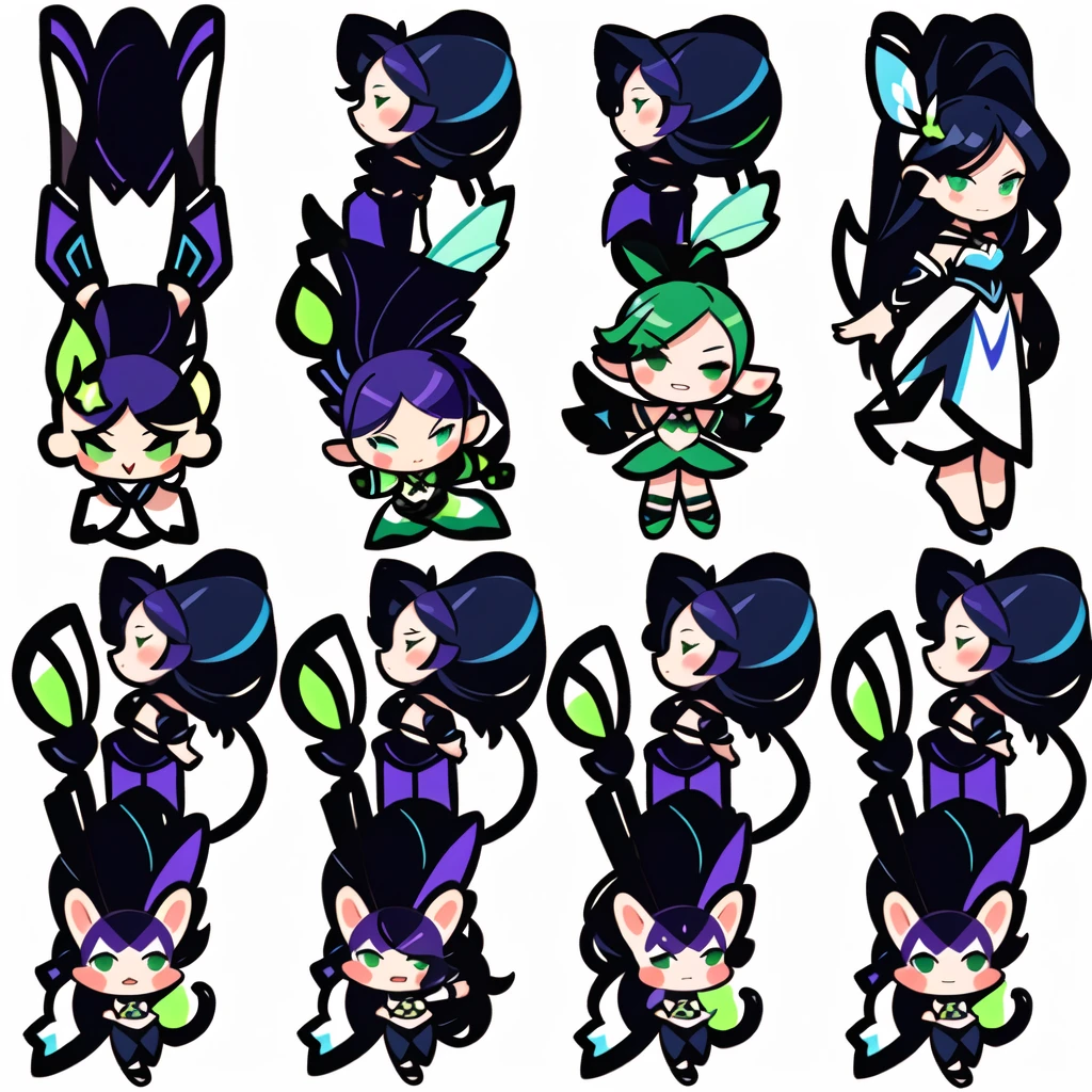 a close up of a cartoon character with different poses, spritesheet, sprite sheet, with familiar sprites, sprites, fairy girl, morgana, default pose neutral expression, twirling, sprite 2 d, shady, green fairy, smol, multiple poses, cute chibi, kawaii