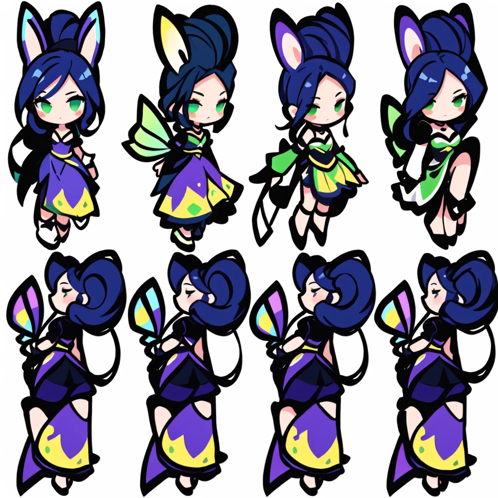 a close up of a cartoon character with different poses, spritesheet, sprite sheet, with familiar sprites, sprites, fairy girl, morgana, default pose neutral expression, twirling, sprite 2 d, shady, green fairy, smol,  multiple poses, cute chibi, kawaii