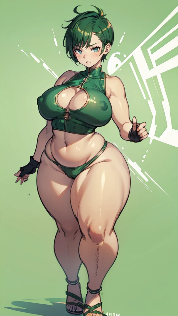 (masterpiece), best quality, female warrior, huge girl, female muscular:1.2, ((very short hair:1.6)), green hair, big breast, (curvy:1.8), (((blank background))), ((full body)), fingerless gloves, sandals, sleeveless, covered nipples, (underboobs:1.3), tshirt top, shaved hair, (buzzcut hairstyle), white socks