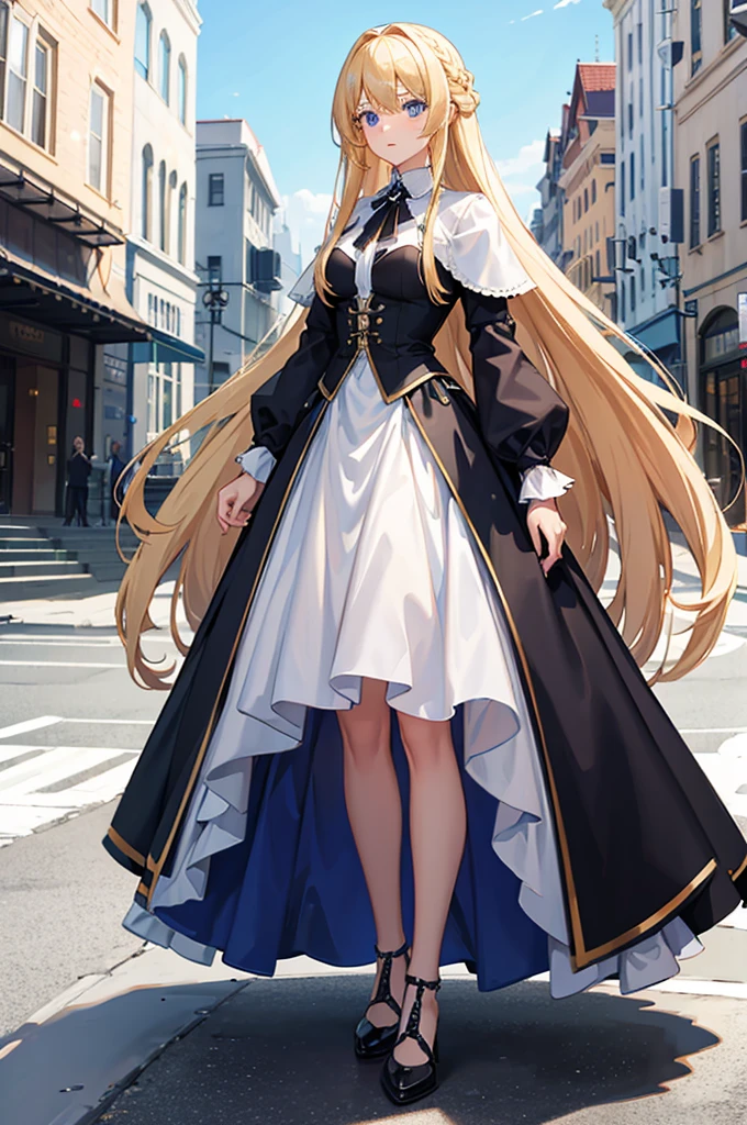 1woman, long hair, blonde hair, blue eyes, formal dress, standing on ground, high res, ultra sharp, 8K, masterpiece