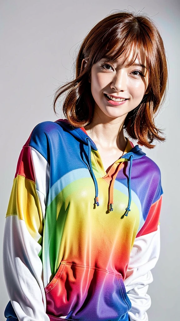 (Highest quality, 8K, 32k, masterpiece, Ultra-high resolution:1.2),Beautiful Japanese Women Photos, Rainbow clothes、Rainbow hoodie、Large Breasts, Very short bob hair,Red hair, necklace, Simple Background, From above, View your viewers,Red Hair、White background、smile、Rainbow hair color