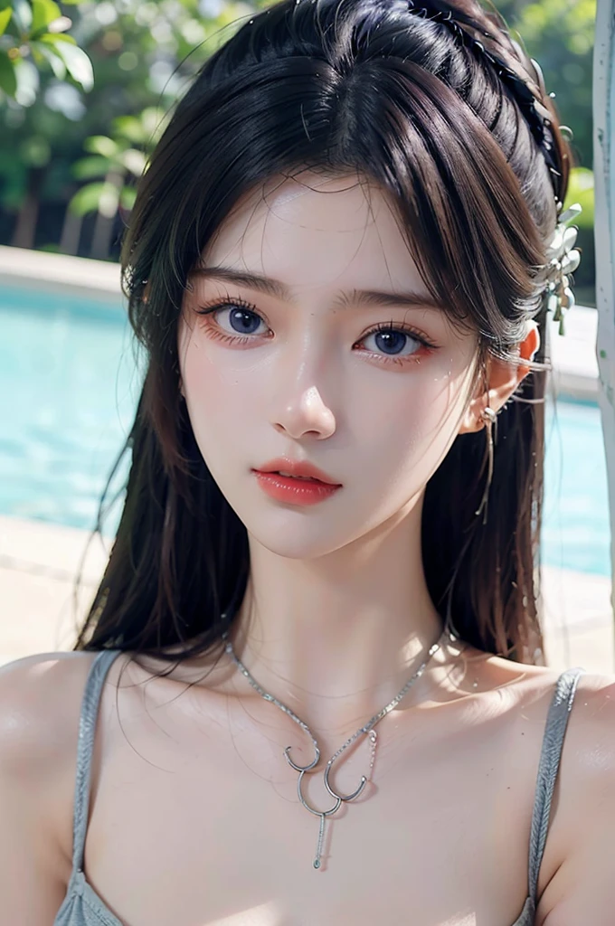 Yunzi,1 girl,decorations,alone,chest,necklace,look at viewer,ponytail,areola,long hair,front,hair accessories,Request headwear,gigantic chest,black hair,water,red lips,decorationsผม,upper body,bare,blue eyes,สระwater,border,collarbone,, best quality , Masterpiece, illustration, Delicate and extremely beautiful, very detailed ,CG,unity,8k wallpaper, miraculous, exquisite details, Masterpiece, best quality,official art,very detailed CG unity 8k wallpaper,nonsense, incredibly nonsense, large file size , very detailed, height, very detailed,Beautiful girl captures details, very detailed eyes and face, Beautifully detailed eyes,light on face,ตัวเปียกwater,in the forest