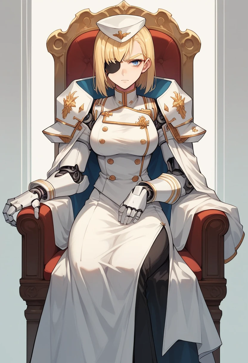 commander anime girl, white commander clothes, 18 years old, tall, medium length blonde hair, blonde eyebrows, blue eyes, eye patch, right a mechanical arm, left arm a normal arm, sitting in a chair at the head of a large and long covenant table, white commander hat, 8K Image Quality