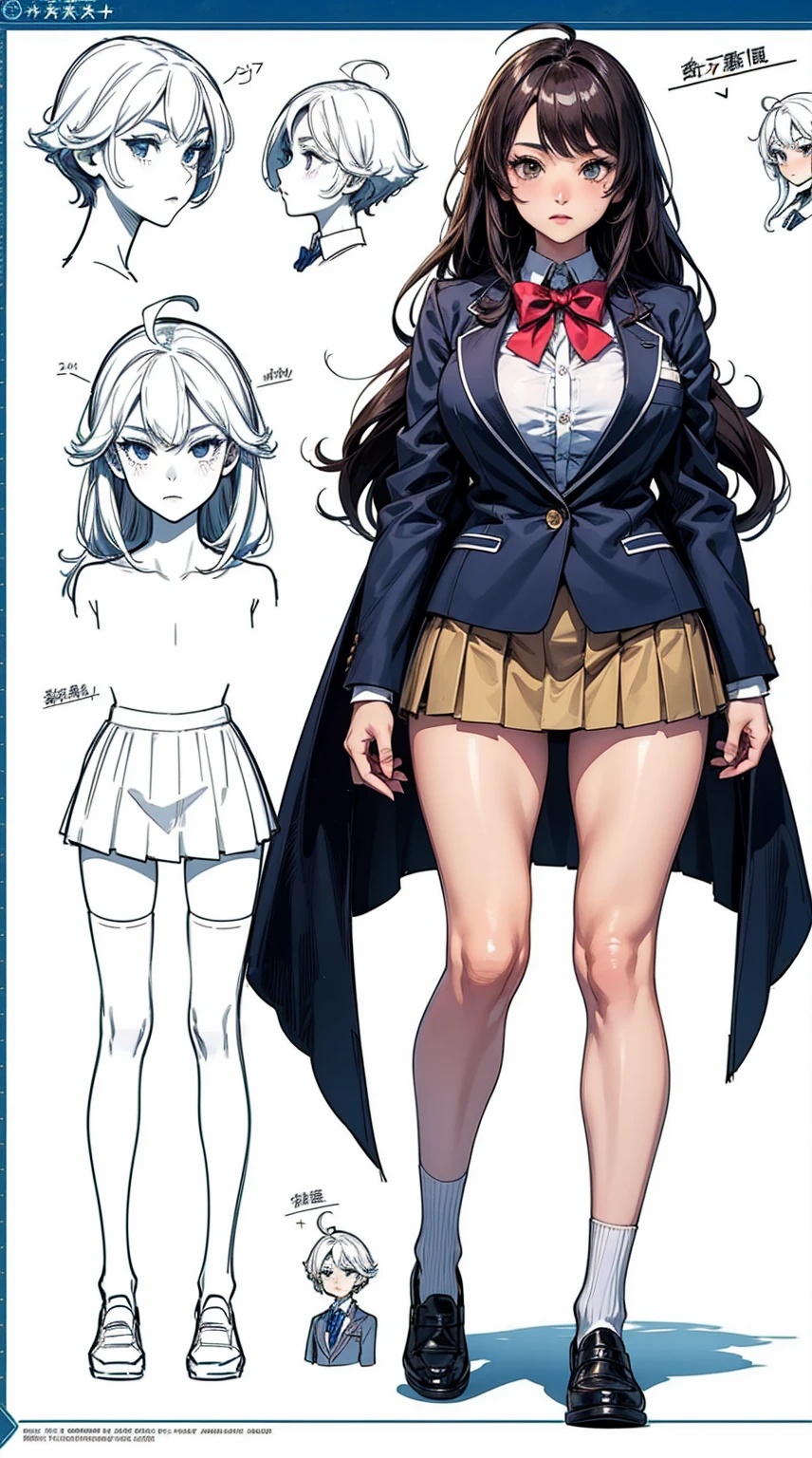 girl, alone, whole body, From head to toe, Are standing, (Huge_chest:1.3),

Character design sheet, Character Reference Sheet, 設計図のSchematic, Drafting, Blueprint, Schematic,
((Character design sheet:1.7, Character Reference Sheet:1.7,)),

anime/cartoon character wearing a girls , 1girl, alone, Thigh-high socks, blazer burezaa (blazer), Ahoge, Long Hair, bow, , shoes, loafers, ribbon, (Very short skirt:1.4),