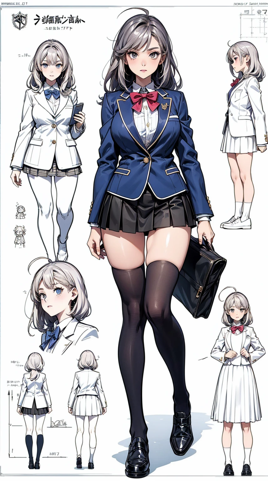 girl, alone, whole body, From head to toe, Are standing, (Huge_chest:1.3),
Character design sheet, Character Reference Sheet, 設計図のSchematic, Drafting, Blueprint, Schematic,
((Character design sheet:1.7, Character Reference Sheet:1.7,)),
anime/cartoon character wearing a girls , 1girl, alone, Thigh-high socks, blazer burezaa (blazer), Ahoge, Long Hair, bow, , shoes, loafers, ribbon, (Very short skirt:1.4),