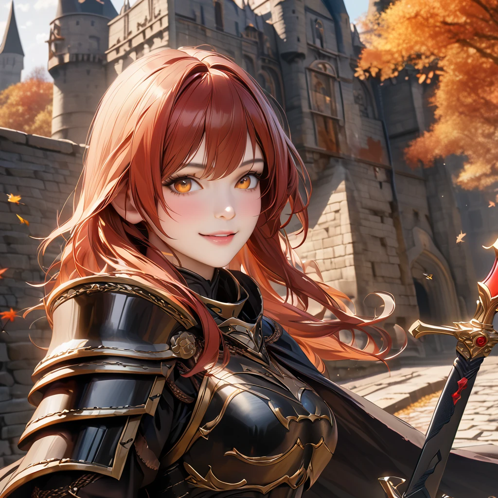 A woman wearing heavy black armor with gold details, helm with exposed face, red feather on helm, black metal bracelet, black metal boots, holding a sword, long black cape, auburn red hair, orange eyes, smiling, walking on the side exterior of a large medieval castle, in autumn weather..UHD , prime work , accurate , anatomically correct , textured skin , super details , high quality , best quality, 8k, high resolution, bokeh effect. (woman alone), close view. realistic
