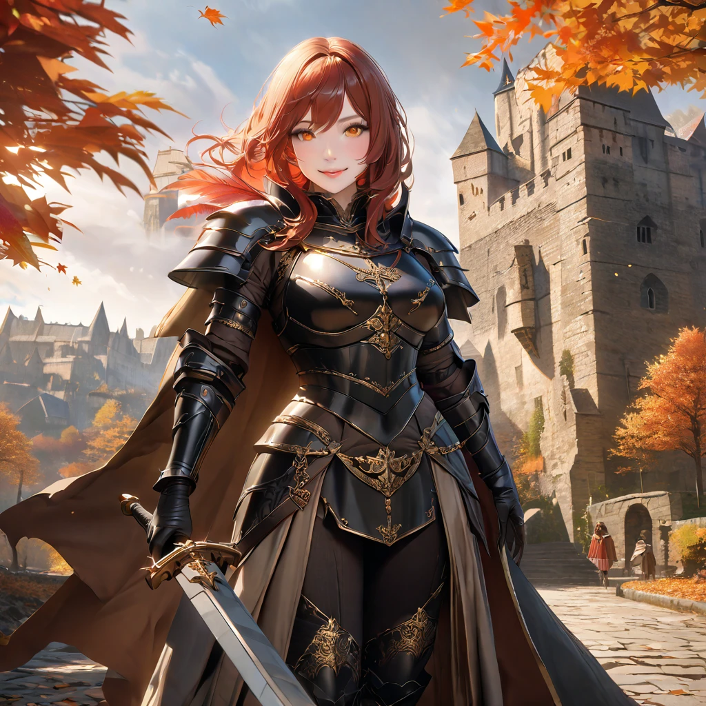 A woman wearing heavy black armor with gold details, helm with exposed face, red feather on helm, black metal bracelet, black metal boots, holding a sword, long black cape, auburn red hair, orange eyes, smiling, walking on the side exterior of a large medieval castle, in autumn weather..UHD , prime work , accurate , anatomically correct , textured skin , super details , high quality , best quality, 8k, high resolution, bokeh effect. (woman alone), close view. realistic
