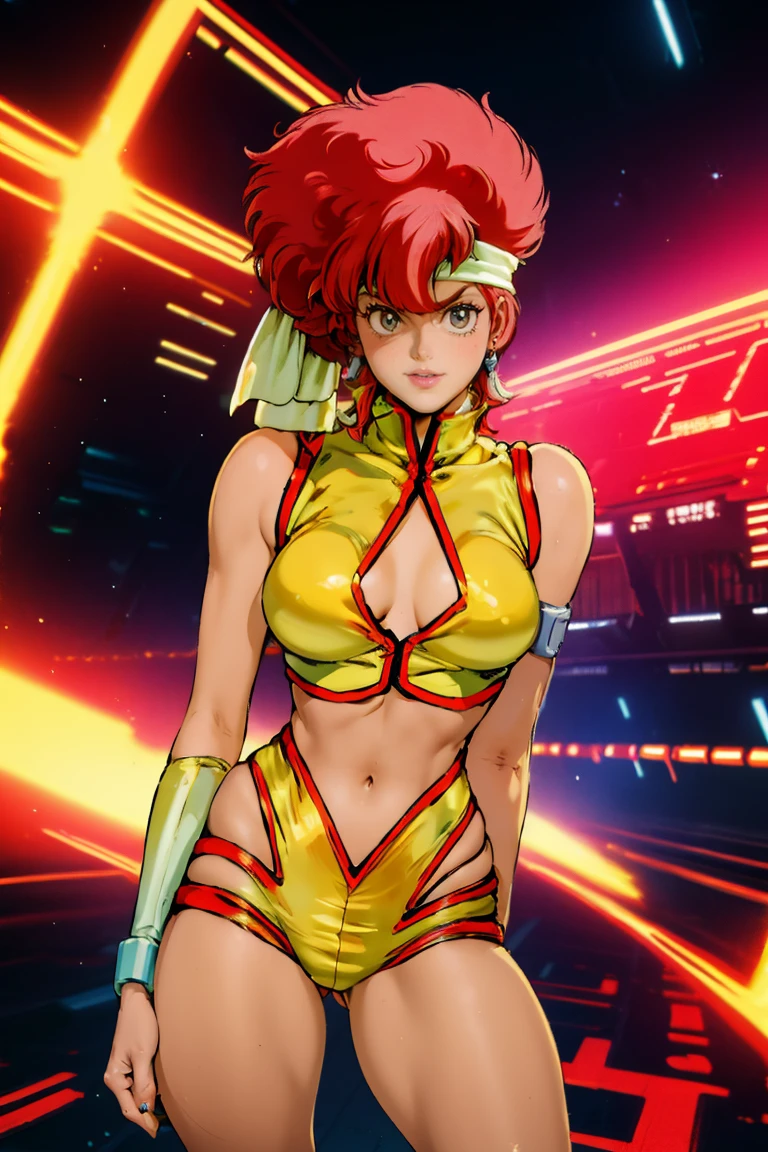 Kei from The Dirty Pair, , wearing a tight yellow outfit, frame, legs, medium breast, red hair beauty, cyberpunk city background, holding retro space-gun, headband, slim waist, slim thighs, thigh gap