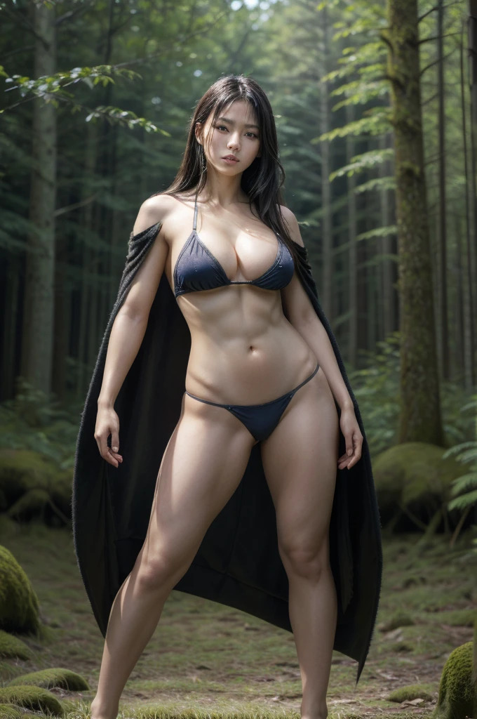 (masterpiece, highest quality, Realistic, High resolution, photograph, :1.3), Sharp focus, 1 Japanese beautiful Femail warrior, beautiful gentle face, long hair, voluptuous body, Abs, muscle, bikini armor, loincloth, cloak, standing pose, in dark forest, ((whole body shot)), full body,