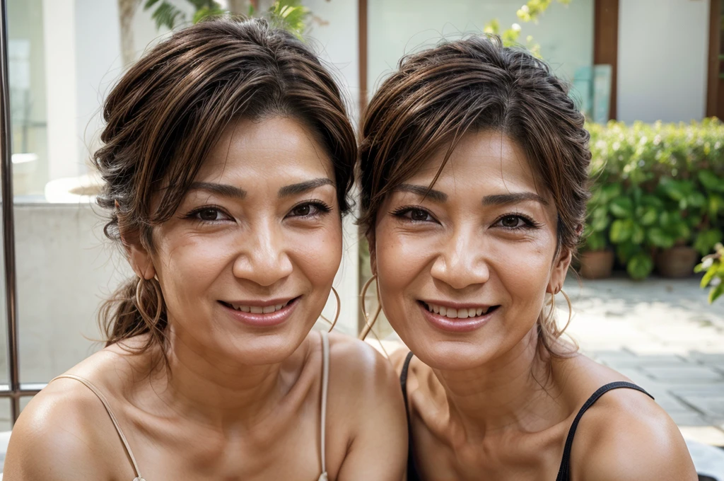 ((Highest quality)), ((8K)), ((masterpiece: 1.3)), (Perfect appearance), (Photorealism: 1.6), (JMA), (AYN), (1人のJapanese Mature), (Mature woman relaxing on the cafe terrace), (65 years old, Japanese Mature), ((Realistic skin texture)), (Fine lines all over the skin), (Dull skin), (Facial wrinkles), (Wrinkles around the eyes), double eyelid, Tear bags under the eyelids,