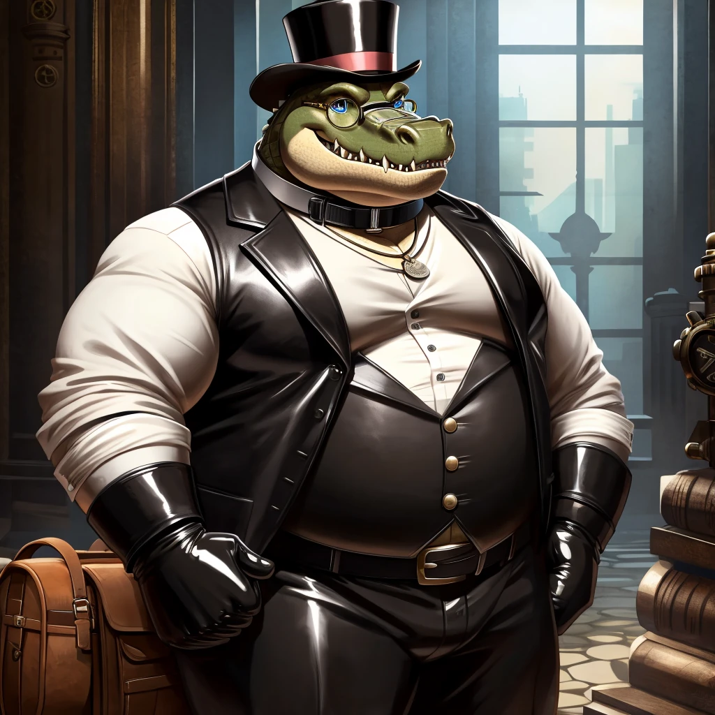 Solo, Male, fat, extremely obese, gentleman, dapper Professor Crocodile, blue eyes, (posing:1.3), (soft shading), 4k, hi res, ((detailed face, detailed)), looking at viewer, evil grin, steampunk, collared shirt with buttons, top hat, male focus, Explorer Outfit, glasses, monocle, bag, vest with buttons, backpack, sleeves rolled up, round eyewear, brown headwear, brown vest, Crocodile is wearing a glossy leather dog collar around the neck, Crocodile is wearing the leather collar and shirt and vest at the same time, Crocodile is wearing glossy white rubber gloves on the hands, wearing white rubber gloves on the feet, Crocodile is wearing glossy white cuffs around the wrists with cufflinks, gloves are rubber in texture, clenching teeth, clenching fists, leather collar is glossy and shiny with a lot of detail, Crocodile is wearing gloves and cuffs and cufflinks at the same time, leather collar has a round dog-tag, leather collar is thick and detailed.