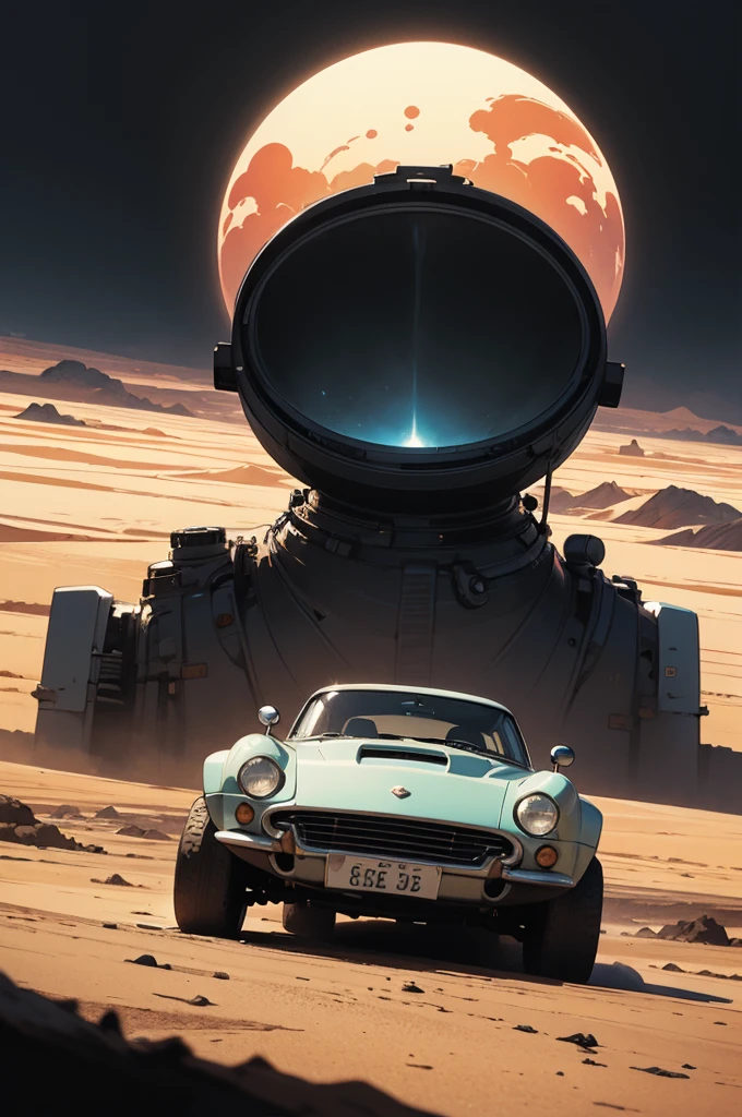 Amazing Stories cover illustration,Alien desert surface, landscape, A vehicle with a retro 50s design, Graphical Design, (Dark ink, Ink Black),