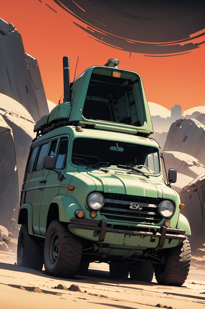 Amazing Stories cover illustration,Alien desert surface, landscape, A vehicle with a retro 50s design, Graphical Design, (Dark ink, Ink Black),