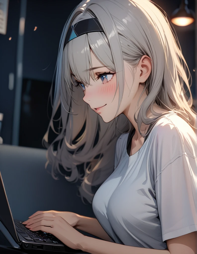 beautiful girl, long grey hair, beautiful face,smiling,close up to hips, beautiful breast, sitting on office chair, typing on a laptop,illustration,detailed textures(realists),ultra-detailed,portrait style,vivid colors,soft lighting, blushing, mature, hair fluttering, evening light , head band, ((half body)), wearing simple shirts , perky. ((side profile until hips)), very shy