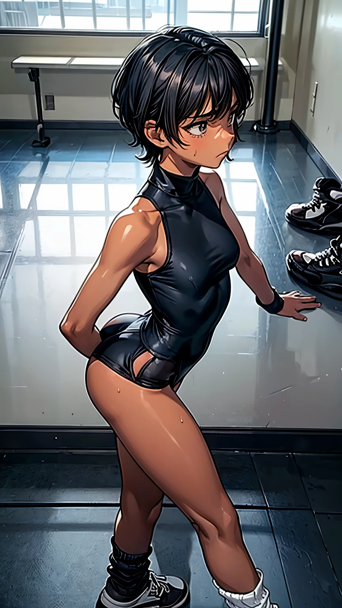 (From above2.0,from side),Inside the sports gym,inside the dance studio,One girl,sweat,dark skin color,short black hair,displeased,sulky,ballet,uplift right hand,high-neck-leotard,((loose socks)),((loose socks)),((sneaker)),bodysuit,playing ballet.