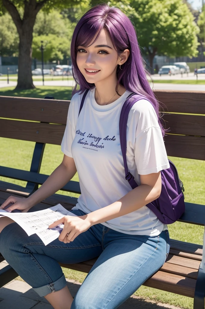 ((best quality)), ((masterpiece)), (detailed), perfect face Scenario: An urban park on a sunny day, with trees and green lawn in the background.Luisa: Sitting on a park bench with her bass on her lap. She is wearing a simple black t-shirt, comfortable jeans, and tennis. Your purple hair is loose and blowing in the wind. Luisa está sorrindo para a câmera, conveying a relaxed and friendly vibe.detaileds: next to her, there is an open backpack with sheet music and musical accessories visible. Sunlight softly illuminates the scene, creating a pleasant and relaxing environment.