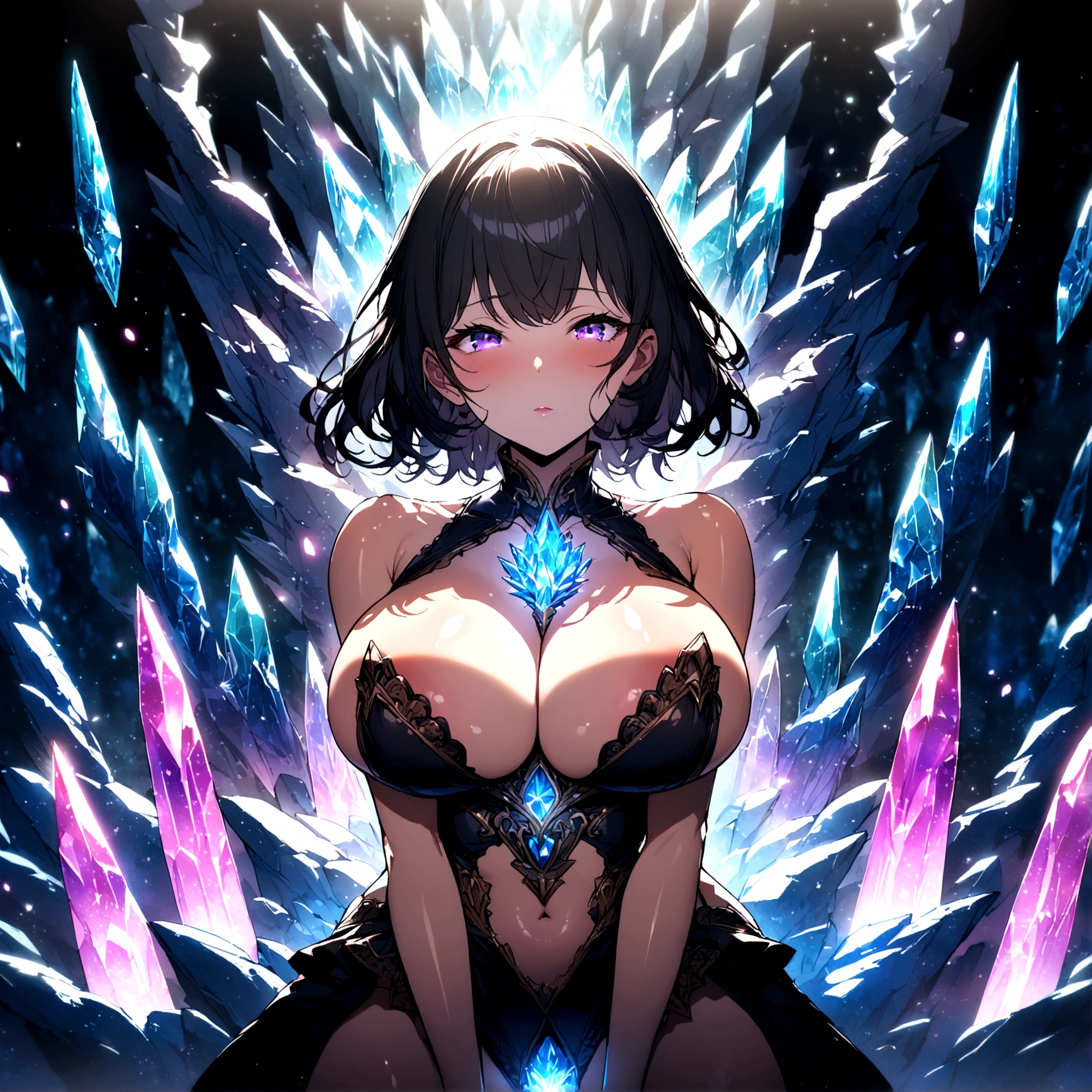 A girl, Perfect face, light, crystal tree forest, dramatic lighting,  sale, ultra detailed, floating glow lights, depth of field, (shiny powder), big tits and exposed vagina 