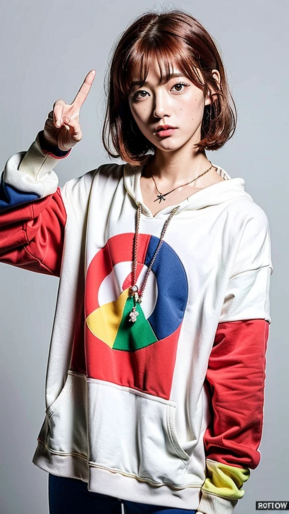 (Highest quality, 8K, 32k, masterpiece, Ultra-high resolution:1.2),Beautiful Japanese Women Photos, Rainbow clothes、Rainbow hoodie、Large Breasts, Very short bob hair,Red hair, necklace, Simple Background, From above, View your viewers,Red Hair、White background、peace sign、Pause