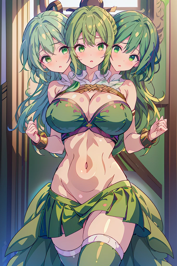 (masterpiece, best quality), best quality, (ultra-detailed), ((3heads:1.5)), 1girl, (reiuji utsuho:1.3), masterpiece, best quality, ultra quality, ultra resolution, ultra detail, white top, crop top, ((stomach)), midriff, ((groin)), dark green skirt, normal ears, shackles, black hair, very long hair, wavy hair, sidelocks, red eyes, detailed eyes, beautiful eyes, parted lips, sweat, cute, toned belly, hand on own chest, eyelashes, (23 year old woman:1.3), (masterpiece:1.5), (best quality:1.5), (beautiful detailed), extremely detailed CG, extremely delicate and beautiful, depth of field, (finely detailed face), (perfect details:1.2), (mature female:1.3), wide pelvis, slender, large veiny breast, 16k resolution, highres, high quality, high definition, extremely detailed, masterpiece, best quality, black hair, long hair, alluring presence, braid, short skirt, close up, very big tits, huge tits, young, green bow, hair bow, wings, midriff, nsfw, girl with three heads, three headed girl,
