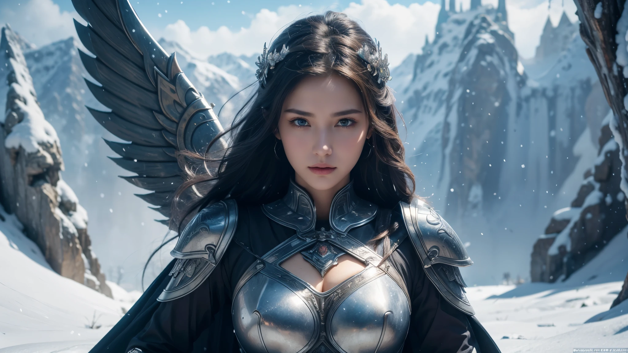 Close-up of woman holding sword and armor, Armor Girl, 2. 5D CGI anime fantasy artwork, Large Breasts,Epic fantasy digital art style, detailed Digital 2D fantasy art, Digital 2D fantasy art, original photo, (best quality:1.3), high resolution, (masterpiece), (lifelike:1.4), Professional photography, Clear focus, High Dynamic Range, 8k resolution, Intricate details, Fine details, Depth of Field, Extremely detailed CG unified 8k wallpaper, masterpiece,poster,best quality,Official Art,(Beauty and aesthetics:1.2),(masterpiece:1.3),Miss,personal,Light Leather Armor,complex pattern,winter,Snow Mountain,futuristic city,Medium distance photography,(early morning),dramatic,giant mechanical wings,